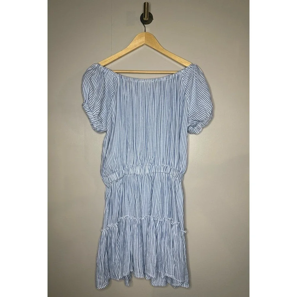 Elan Blue White Striped Off Shoulder Mini Dress Boho Tiered Size S - Picture 5 of 5